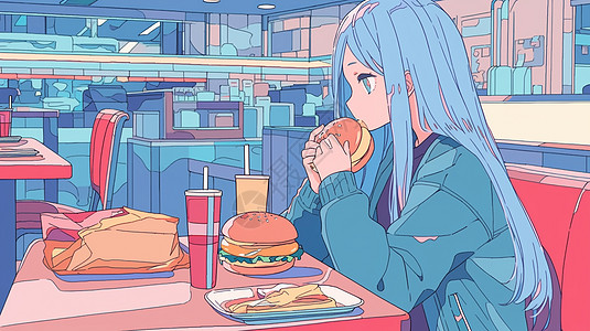 蓝色长发吃汉堡的小清新卡通家女孩图片