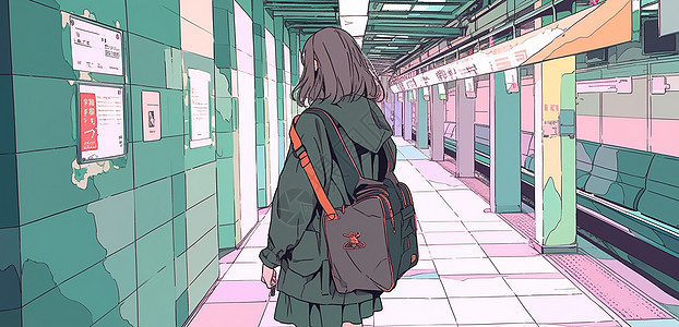 背着包在车站等车的卡通女孩背影图片