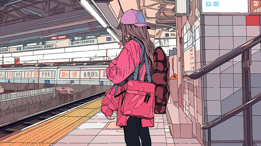 在地铁站等车的卡通女孩侧面图片