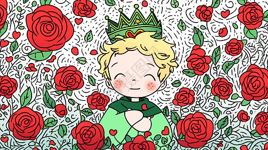 在玫瑰花园中开心笑的卡通小王子图片