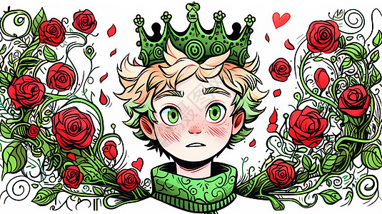 戴着绿色皇冠的可爱卡通小男孩图片