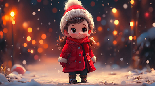 穿着红色外穿着喜庆站在雪地中的卡通女孩图片