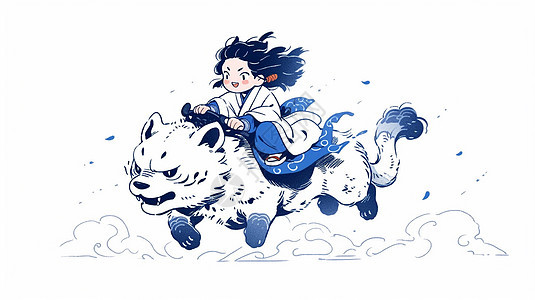 骑着大老虎飞奔在祥云间的卡通女孩图片
