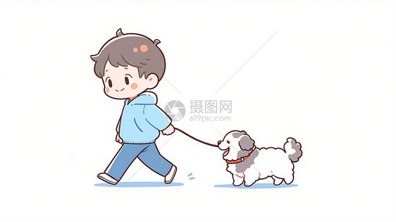 在遛狗走路的卡通小男孩图片