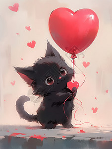 拉着红色爱心气球的可爱卡通小黑猫背景图片