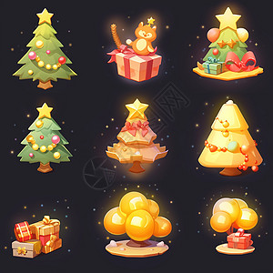 圣诞主题各种可爱的卡通礼物与圣诞树背景图片