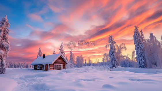 雪地森林日出美景图片