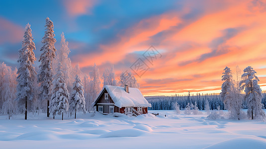 雪地小木屋图片