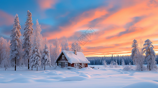 雪地小木屋图片