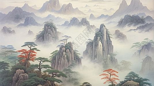 云雾缭绕的仙境般古风卡通山水画图片