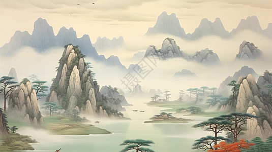 云雾缭绕梦幻的卡通古风山峰与松树图片