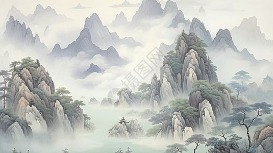 梦幻唯美的古风大山大河卡通风景图片