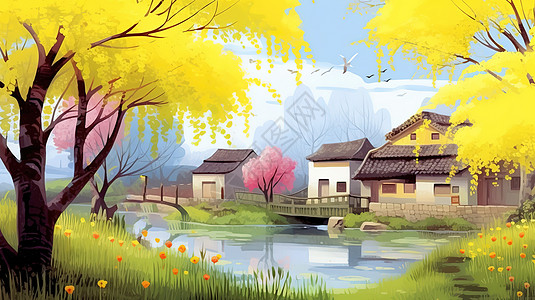 春天乡村的柳树美丽景色图片
