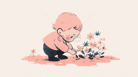 正在摘花的可爱卡通小朋友图片