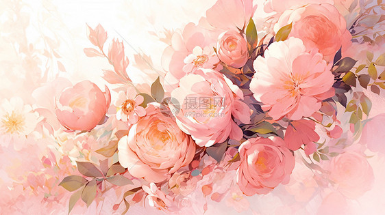 盛开的粉色卡通花朵水彩风插画图片