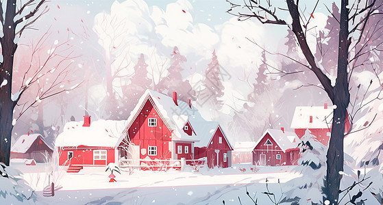 冬天雪中几座红色可爱的卡通小房子图片
