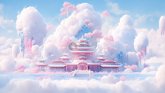 被云朵围绕的粉色梦幻卡通楼阁图片