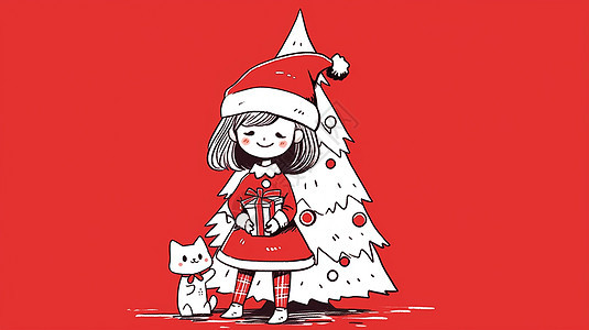 在圣诞树前抱着礼物盒微笑可爱的卡通小女孩图片