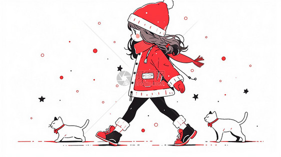 戴着圣诞帽与宠物猫大步走路的卡通小女孩图片