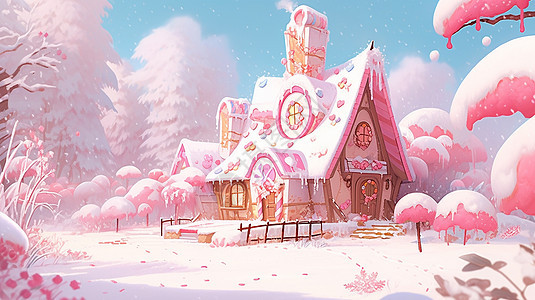 雪地中一座梦幻糖果色卡通屋背景图片