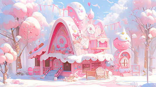 雪后森林中一座梦幻粉色卡通小房子图片