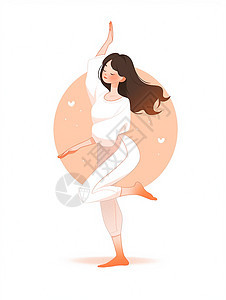 黑色长发小清新卡通女孩正在练瑜伽扁平风背景图片
