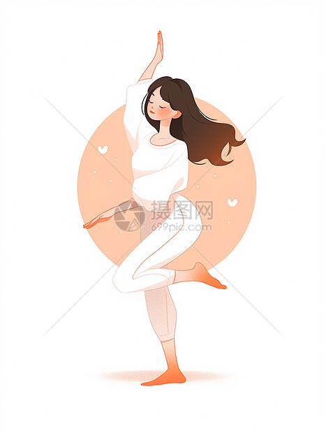 黑色长发小清新卡通女孩正在练瑜伽扁平风图片