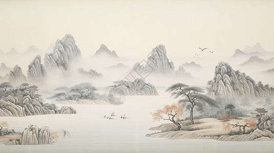 竖版水墨画唯美漂亮的小清新水墨风景画插画