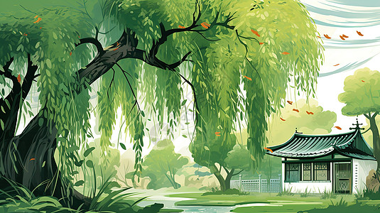 清新春天绿色的柳树插画