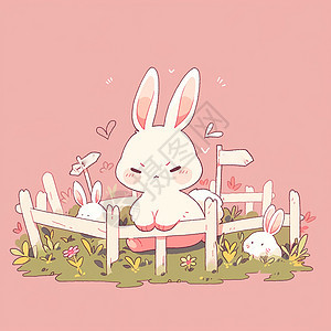 坐在围栏中可爱的卡通小白兔图片