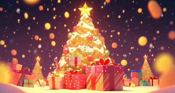 圣诞节梦幻漂亮的卡通圣诞树与很多华丽的礼物插画