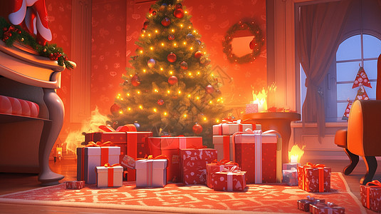 圣诞节日氛围十足的卡通圣诞树与礼物图片