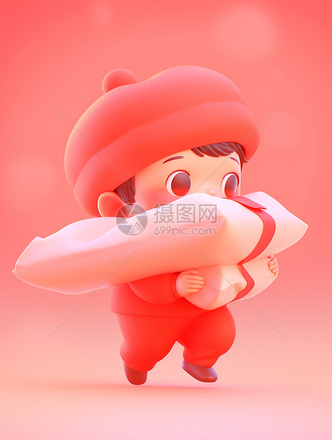 戴着红色帽子抱着东西的可爱卡通小男孩图片
