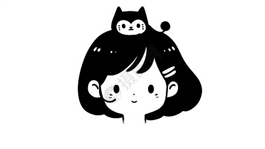短发简约可爱的卡通女孩头像头上趴着一只可爱宠物猫图片