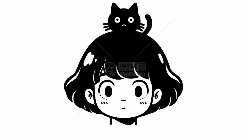 大眼睛短发可爱的卡通小女孩头上一只小黑猫图片