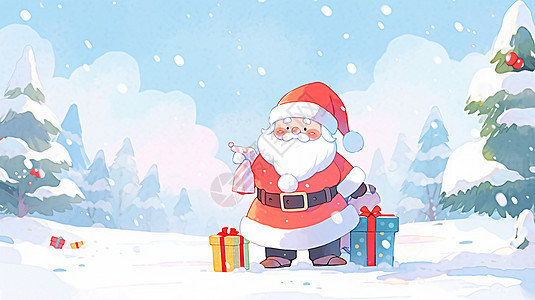 圣诞节站在雪地中可爱的卡通圣诞老人图片