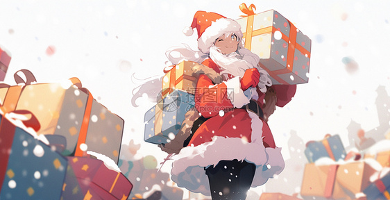 卡通女孩穿着圣诞服装扛着大大的圣诞礼物走在雪地中图片