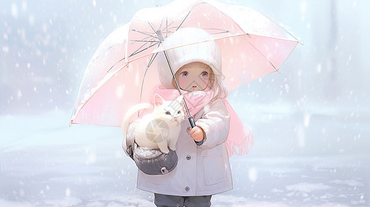 举着粉色雨伞与宠物猫一起走在大雪中的可爱卡通小女孩图片