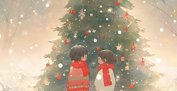 围着红围巾欣赏高高的圣诞树的卡通男孩女孩高清图片