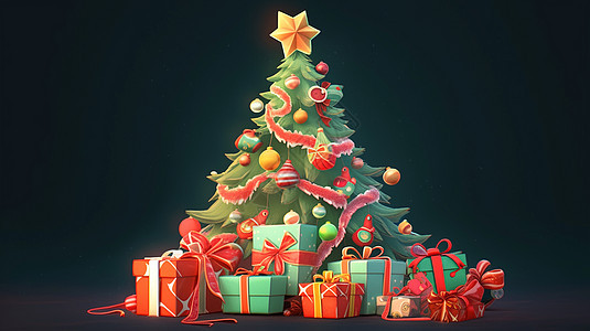 华丽的卡通圣诞树下堆着很多礼物盒图片