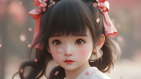 黑色头发扎粉色发饰古风装扮漂亮的卡通小女孩背景图片