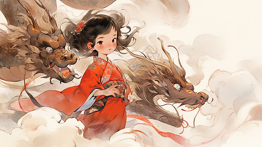 站在云朵上可爱的卡通小女孩与两只飞舞的巨龙图片