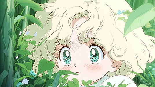 蓝色大眼睛躲在植物后面的金色短发卡通小女孩图片