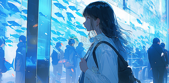 背着书包的长发卡通女孩在海洋馆欣赏鱼群图片
