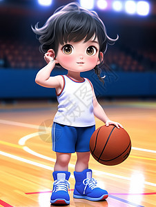 穿着白色篮球运动衣在篮球场打篮球的卡通小女孩图片