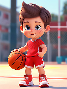 穿着红色篮球运动套装在篮球场上打篮球开心笑的大眼睛卡通小男孩插画