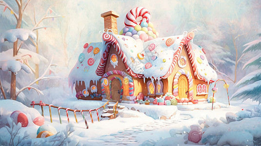 雪后梦幻的卡通森林卡通糖果屋背景图片