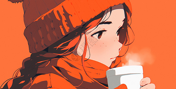 戴橙色毛线帽喝热咖啡的卡通女孩图片