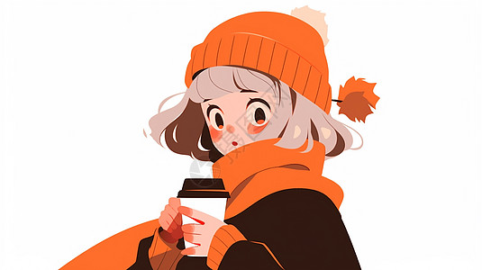 端着咖啡围着橙色围巾可爱的小清新卡通小女孩图片