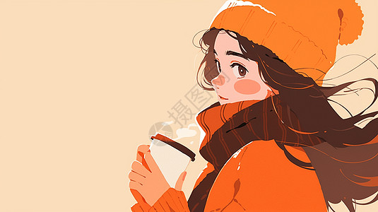 喝热咖啡戴着橙色毛线帽时尚的卡通女孩侧面图片